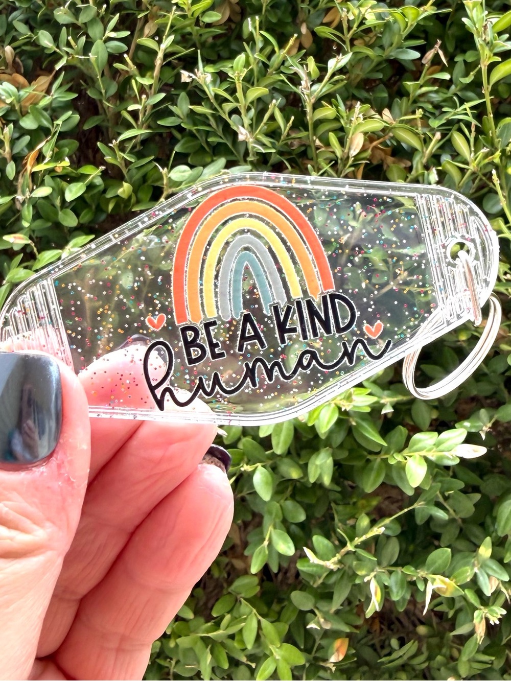 Be a Kind Human Handmade Glitter Acrylic Keychain – Rainbow Positive Kindness
